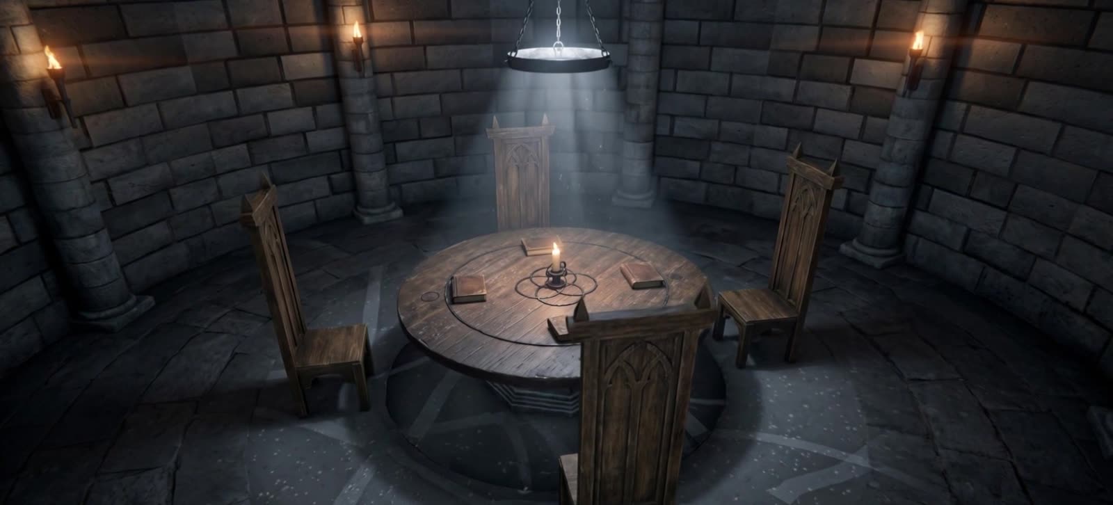 The empty chamber, a round table under a single light