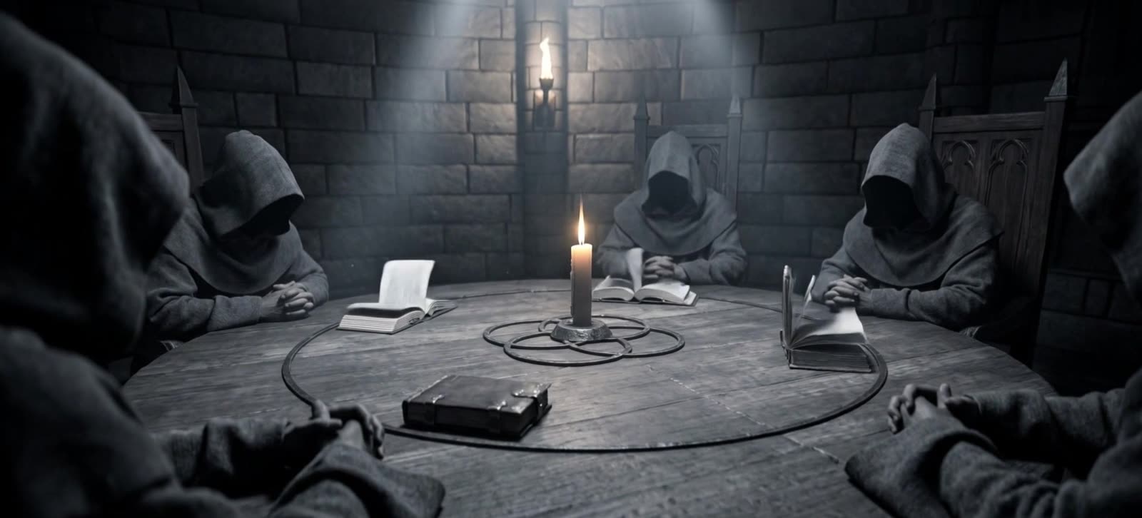 Hooded council members debating at the round table