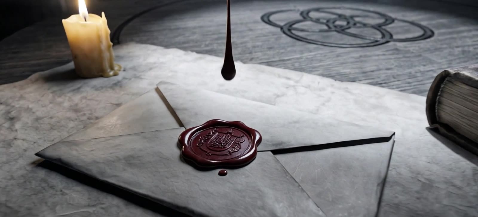 A red wax seal pressed onto an envelope