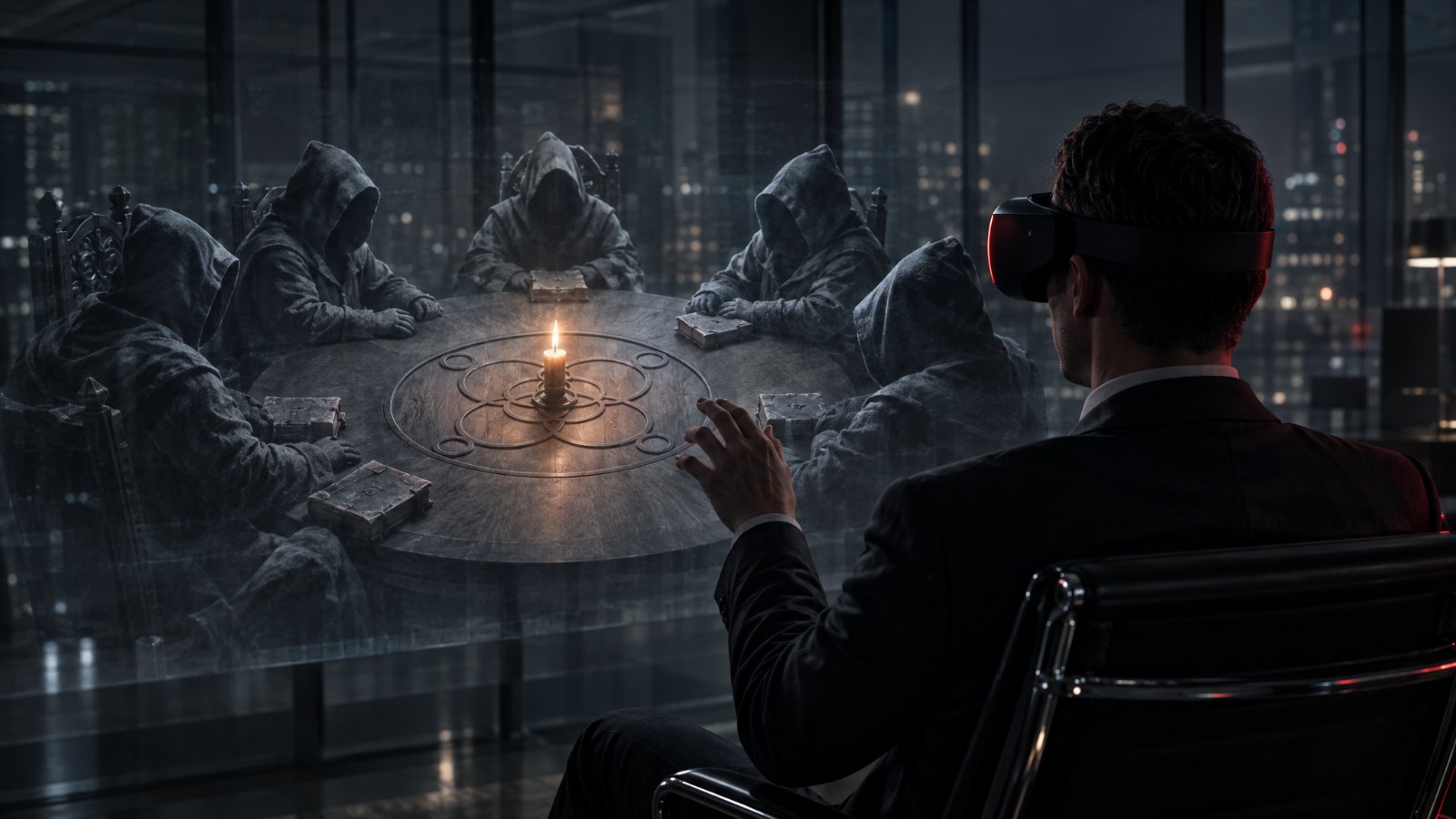 An executive in a VR headset with the council chamber rendered around him