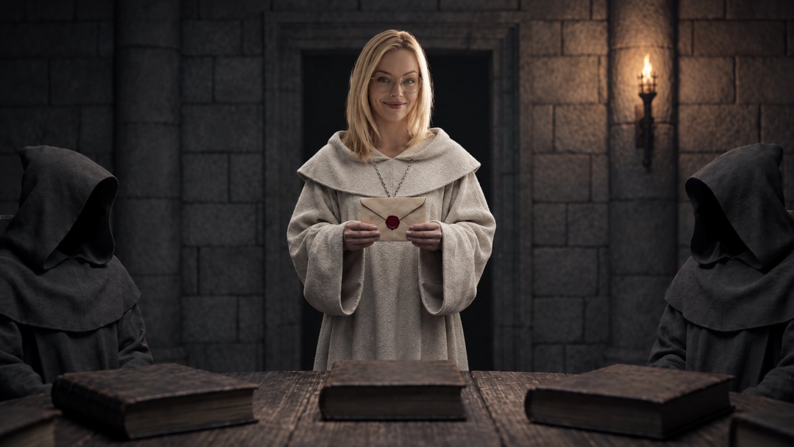 The Keeper of the Seal in her robe, holding a sealed envelope between two hooded council members
